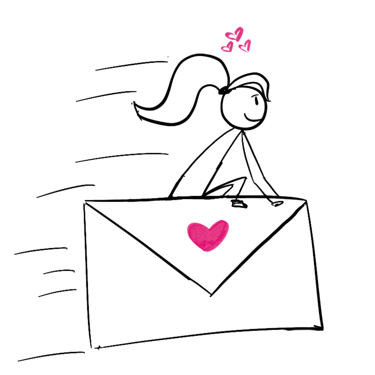 Disability Writer, stick figure Lilly is riding on an envelope.