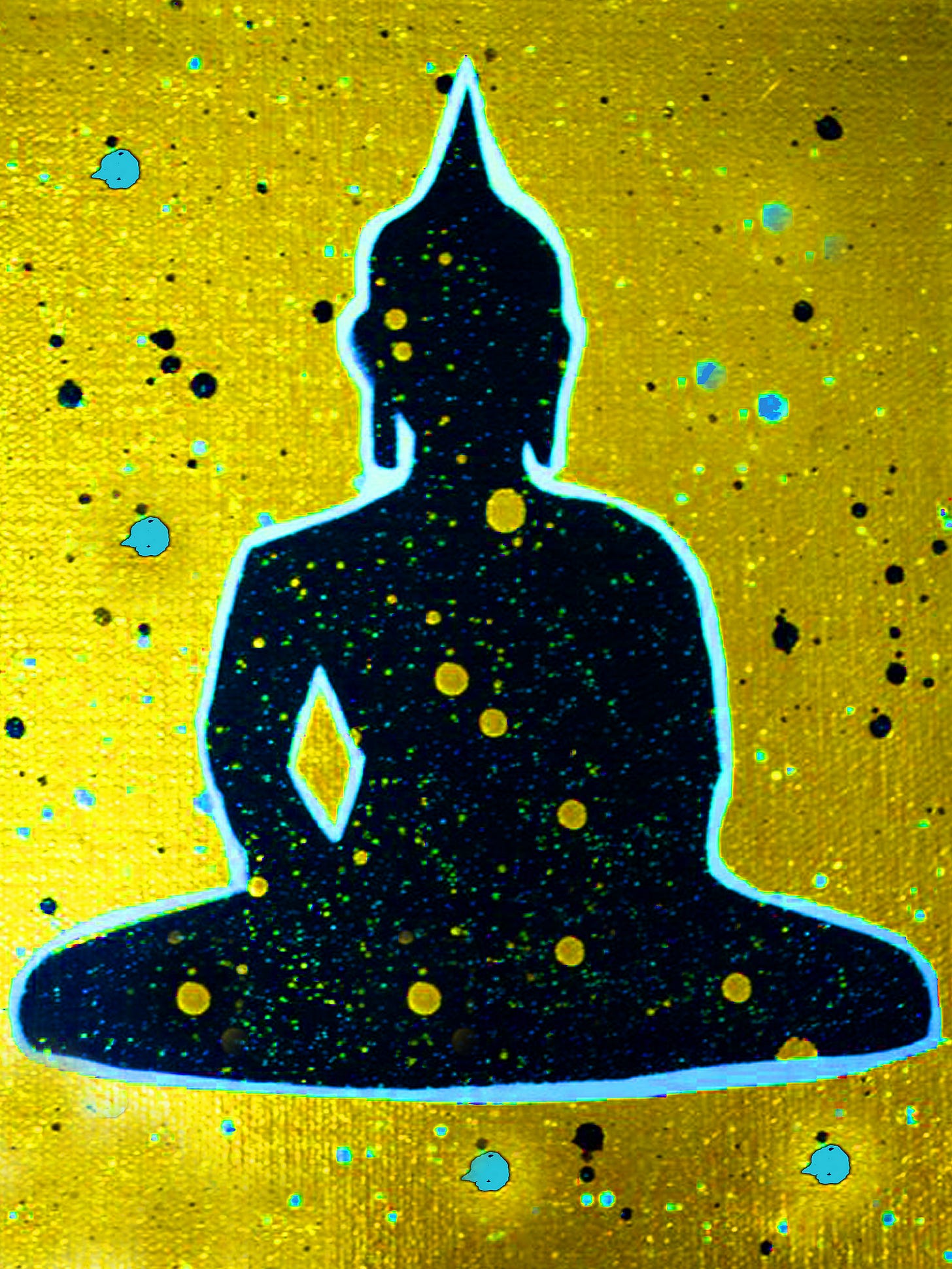 An depiction of a street art image, showing the Buddha in silhouette.