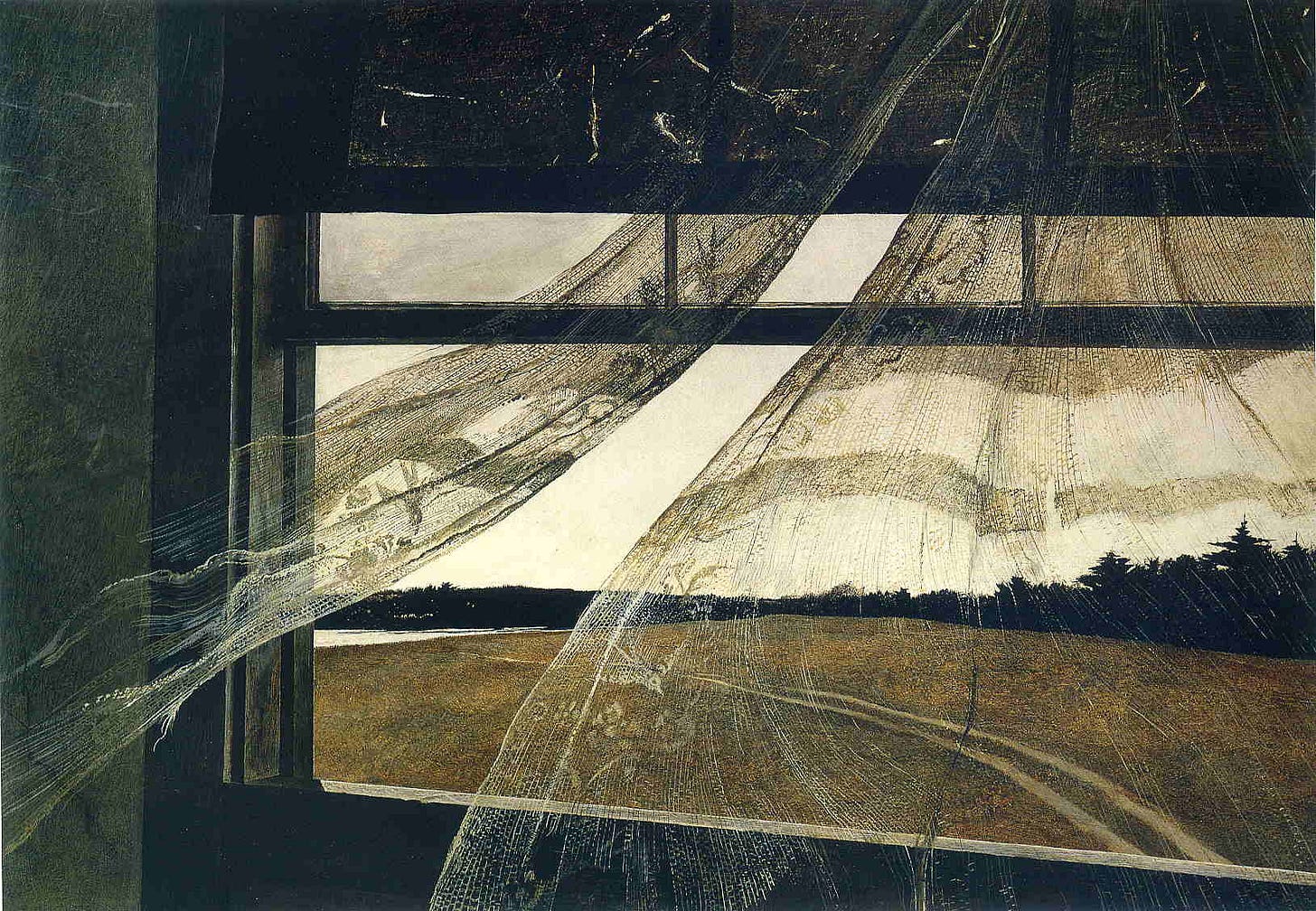 Andrew Wyeth painting Wind from the Sea showing torn lace curtains blowing into a room through an open window above a field