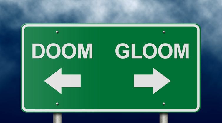 Sign pointing left to 'doom' and right to 'gloom'. Sign pointing left to 'doom' and right to 'gloom'.