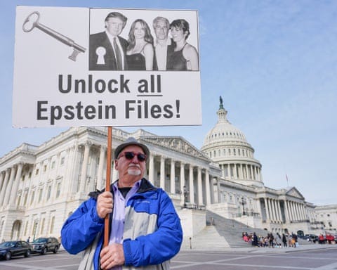 Man with 'Unlock all Epstein files!' placard in Washington.