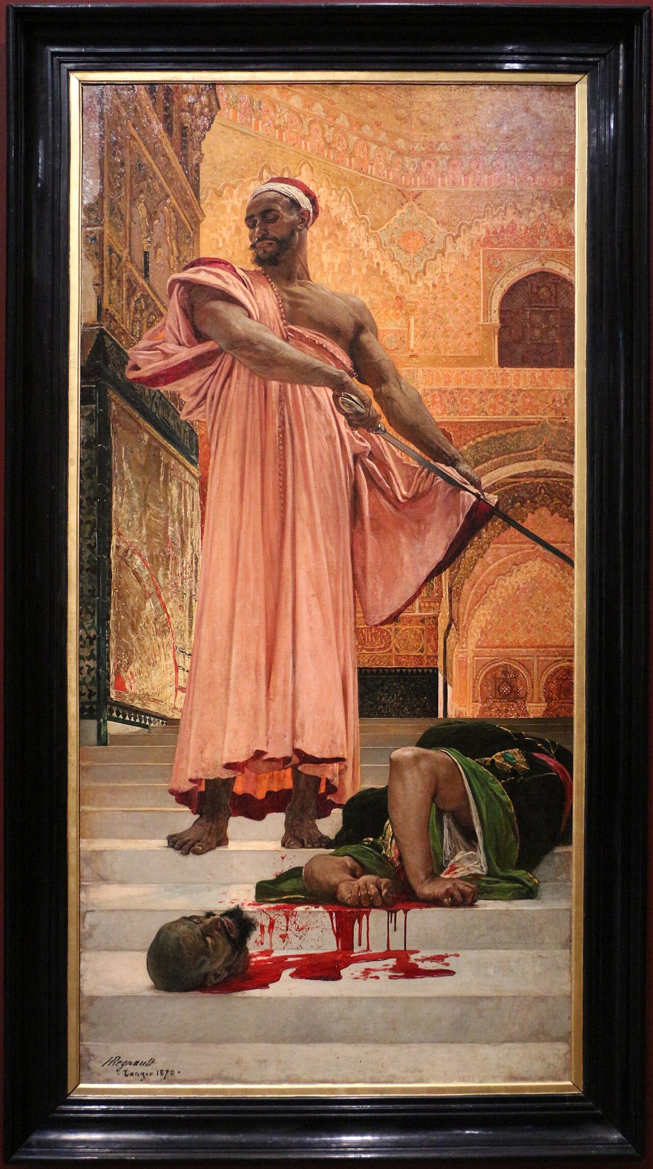 An executioner wiping his sword at the top of a marble staircase An executioner wiping his sword at the top of a marble staircase