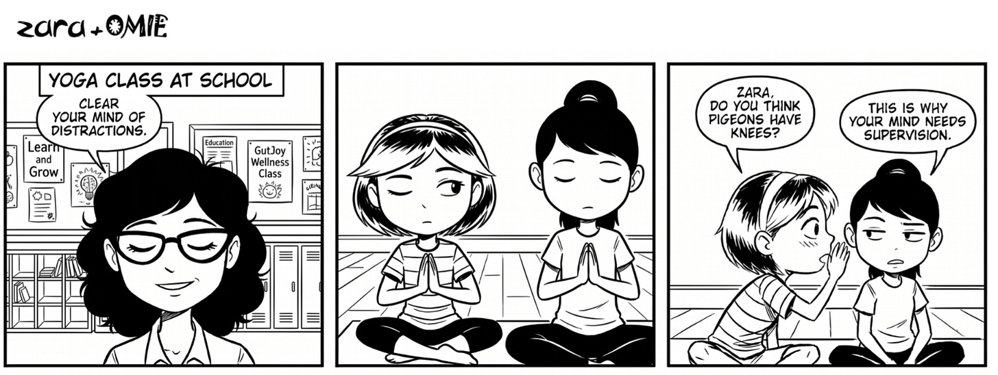 Coach T leads a mindfulness class when Aari suddenly asks Zara if pigeons have knees. Coach T leads a mindfulness class when Aari suddenly asks Zara if pigeons have knees.