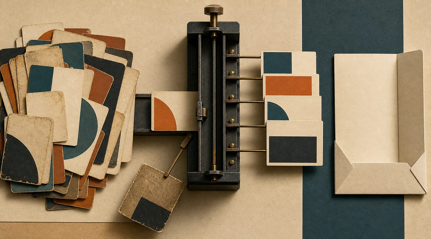 Overhead view of a mechanical card sorter separating worn index cards into ordered slots beside an empty envelope