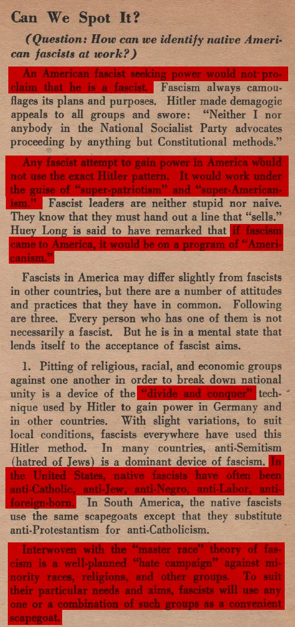 A screenshot of a historical U.S. Army document with red highlights. The text identifies the first tactic of American fascism as pitting groups against each other, specifically targeting the "anti-foreign-born" with a "hate campaign" to create a "convenient scapegoat." A screenshot of a historical U.S. Army document with red highlights. The text identifies the first tactic of American fascism as pitting groups against each other, specifically targeting the "anti-foreign-born" with a "hate campaign" to create a "convenient scapegoat."