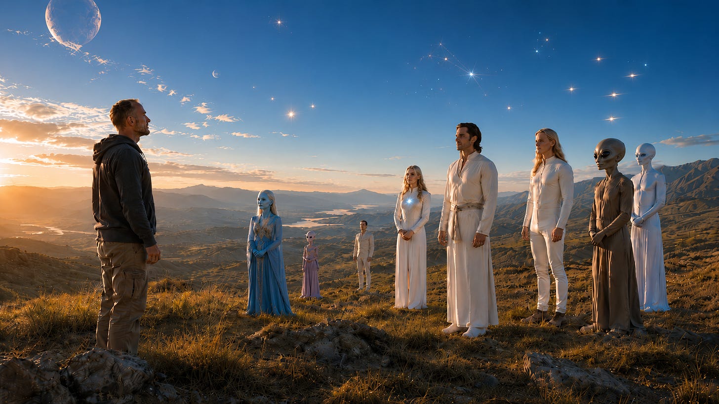 A man stands on a wide mountain ridge facing a calm group of human-like and nonhuman beings beneath a vast cosmic sky. A man stands on a wide mountain ridge facing a calm group of human-like and nonhuman beings beneath a vast cosmic sky.