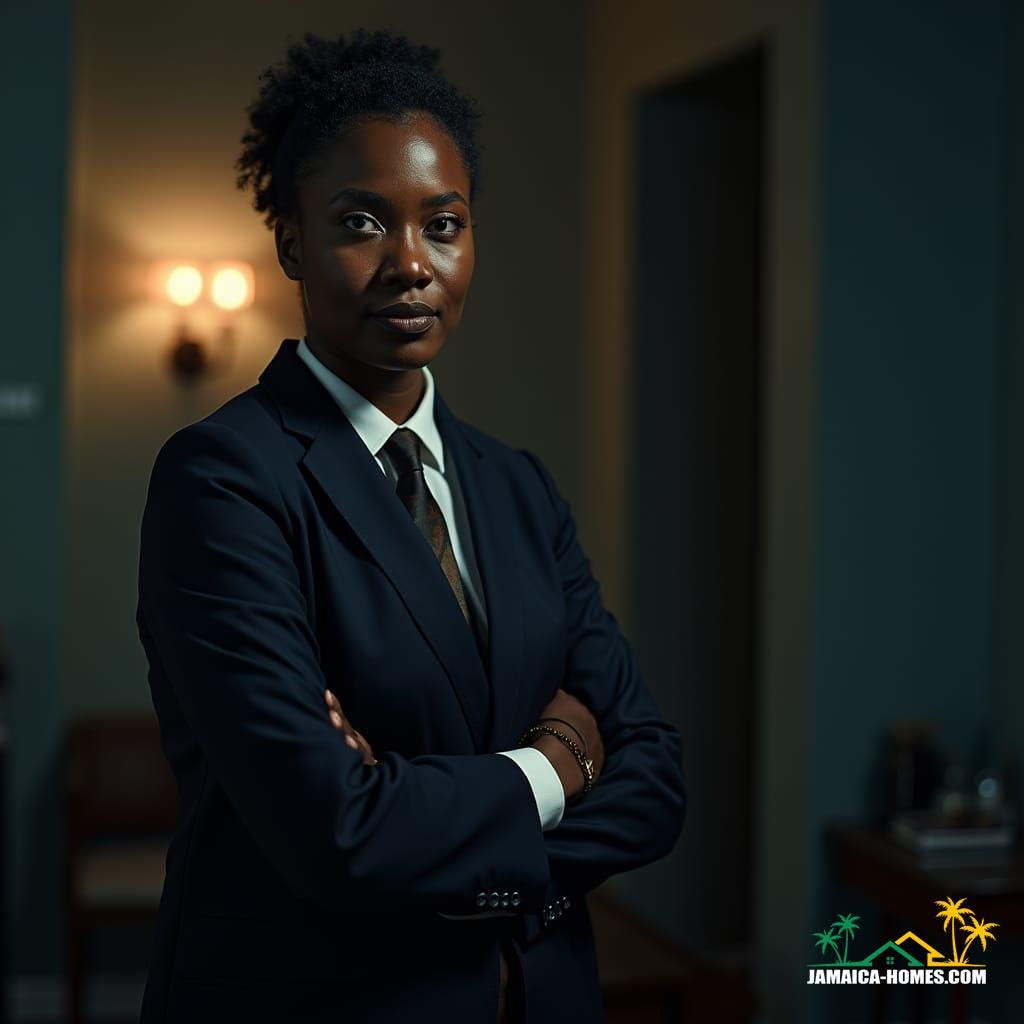 A stunning Jamaica black woman, impeccably dressed in a tailored suit and tie, stands confidently in a dimly lit, atmospheric setting, evoking the works of iconic photographers Gordon Parks and Seydou Keïta, with a hint of cinematic flair reminiscent of directors Ryan Coogler and Ava DuVernay. Soft, warm light dances across her face, accentuating her features, as she begins to explain the complexities of Jamaican land law, her expression a masterful blend of authority and empathy.