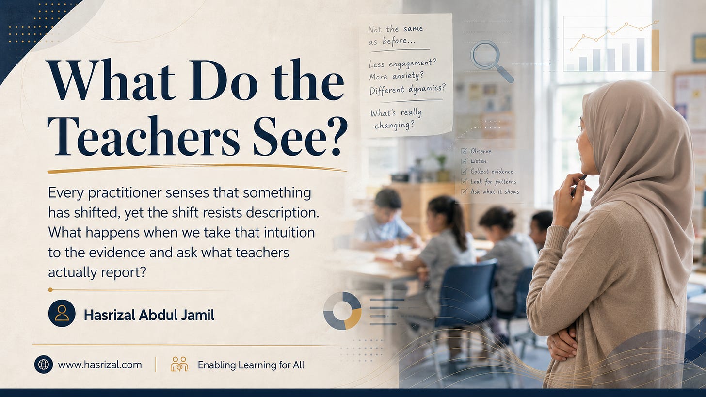 A reflective Muslim teacher in a beige hijab observes pupils in a classroom, alongside the title “What Do the Teachers See?” and visual elements representing evidence, patterns, and school-readiness data.