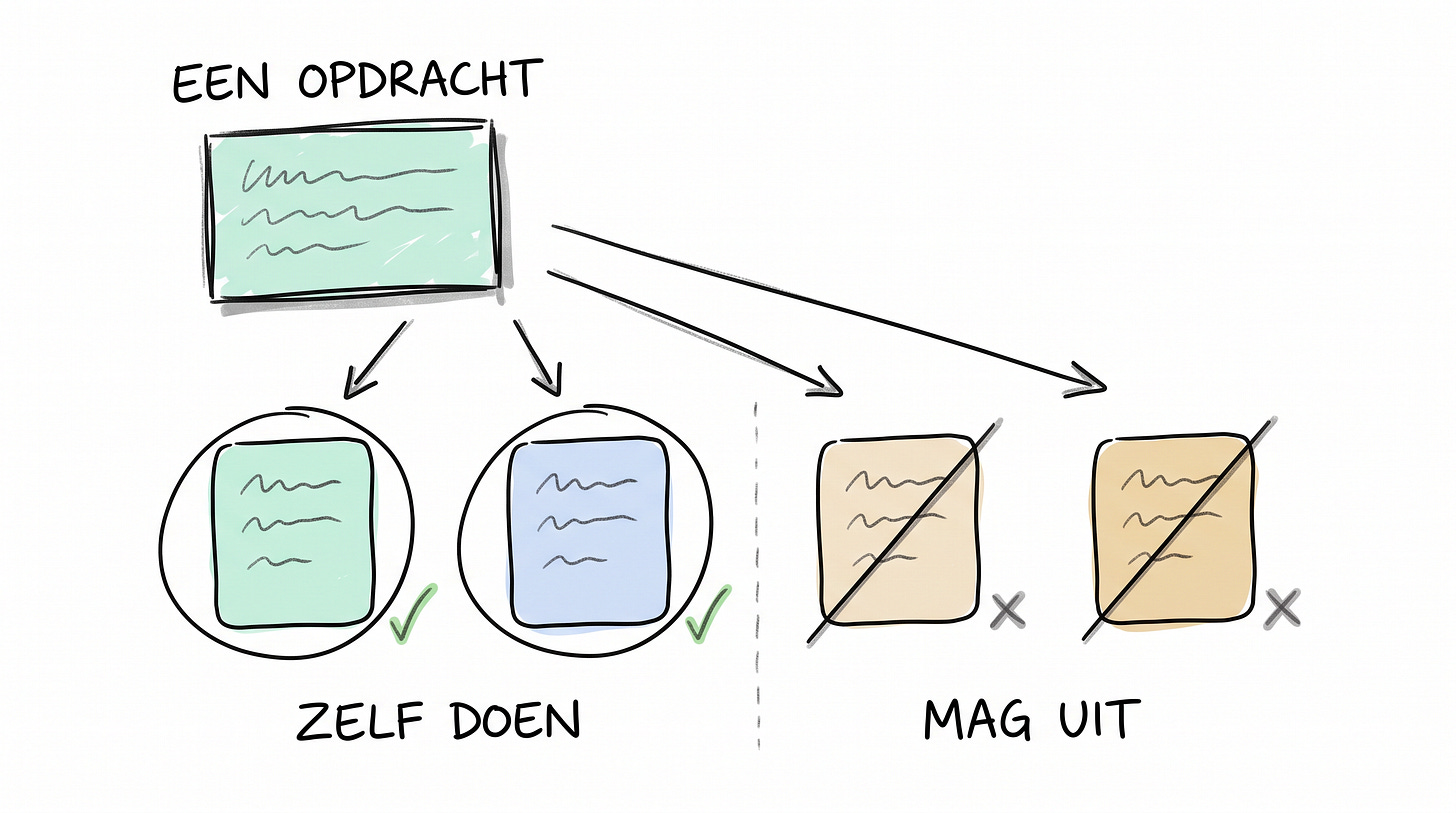 Whiteboardschets van één opdracht die uiteenvalt in vier denkstappen, waarvan er twee zijn omcirkeld onder ZELF DOEN en twee zijn doorgestreept onder MAG UIT