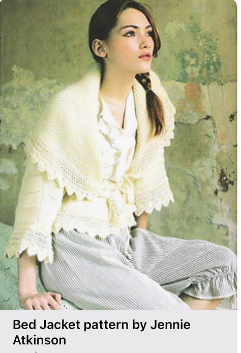 A frilly knitted sweater, a mushroom hat and a lacy knitted bed jacket