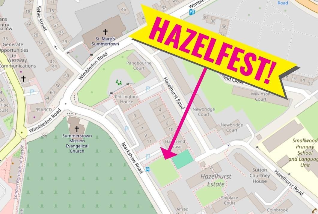 May be an image of ‎map and ‎text that says "‎allow KebleStreet Street 32 Generate pportunities westway mmunications 38 St.Mary's summertown Jumme Road Wimbledon ذ rloe use 46 Wimbie Road Pangbourne HAZELFEST! mela 10sc Court Chillingford Hazelhurst Wilkinsor House Road Court 99ABCD Road Wimbledon Newbridge Summersto town Mission Evangelical Church 10 Newbridge idge Court 9 Blackshaw Road Smaliwood Primary Hazelhurst Estate and Language Unit House Hazelhurst Road Shiplake Path Mead Alfred Hurley House Lambeth Crematorium Colnbrook Court Hazelhurst Estate Whitchurch Court Foss Road P 85 Blackshaw Rọ 91‎"‎‎