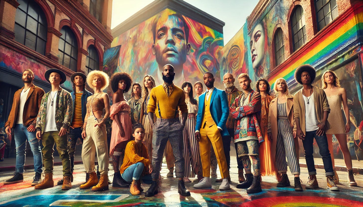 A group of extraordinary people from diverse backgrounds standing together in a vibrant, uplifting scene. They are dressed in unique, expressive outfits that reflect their individuality. Each person exudes confidence and strength, with expressions of determination and hope. The background is a lively urban setting with bright murals and street art, symbolizing creativity and unity. The atmosphere is dynamic and inspiring, capturing the essence of extraordinary people making a difference in the world.