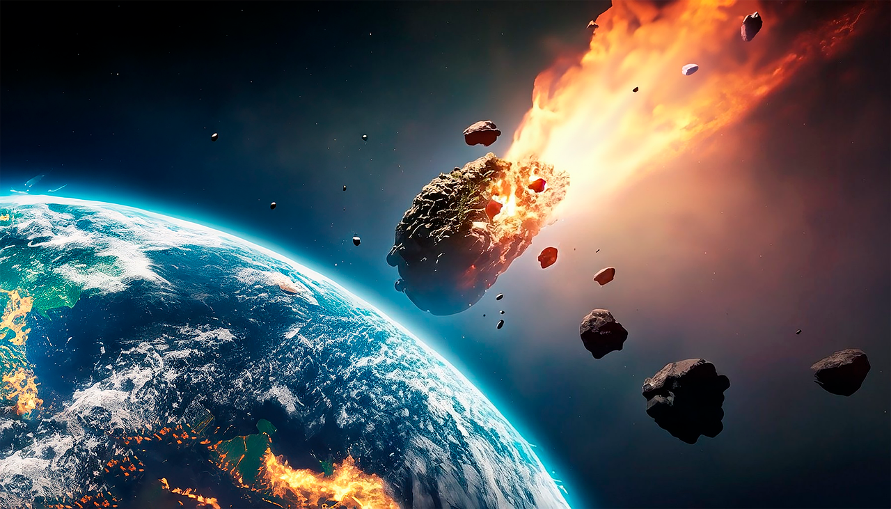 A meteor falls toward a glowing planet earth, leaving a trail of fire behind it.
