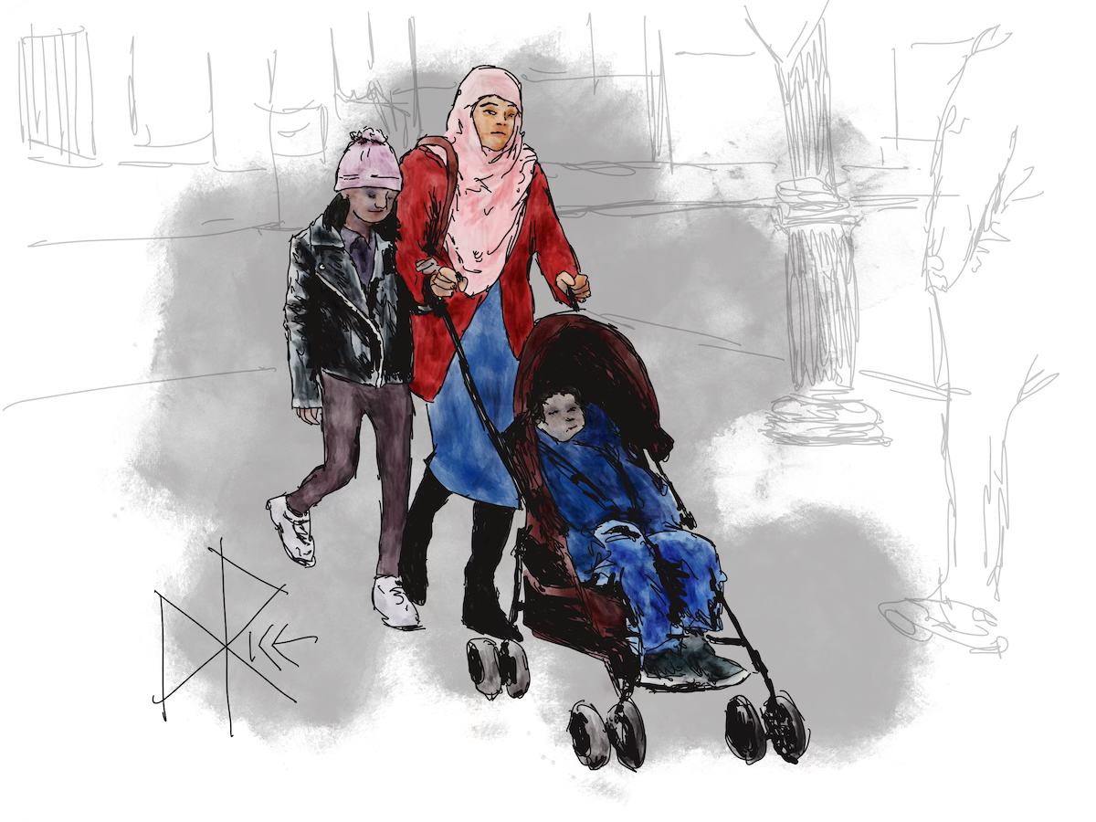 A woman and teen girl walk along the sidewalk, arm-in-arm. The woman is wearing a hijab and pushing a young boy in a stroller. The girl is wearing a wool cap and leather jacket. Sketch art by Don Rice.