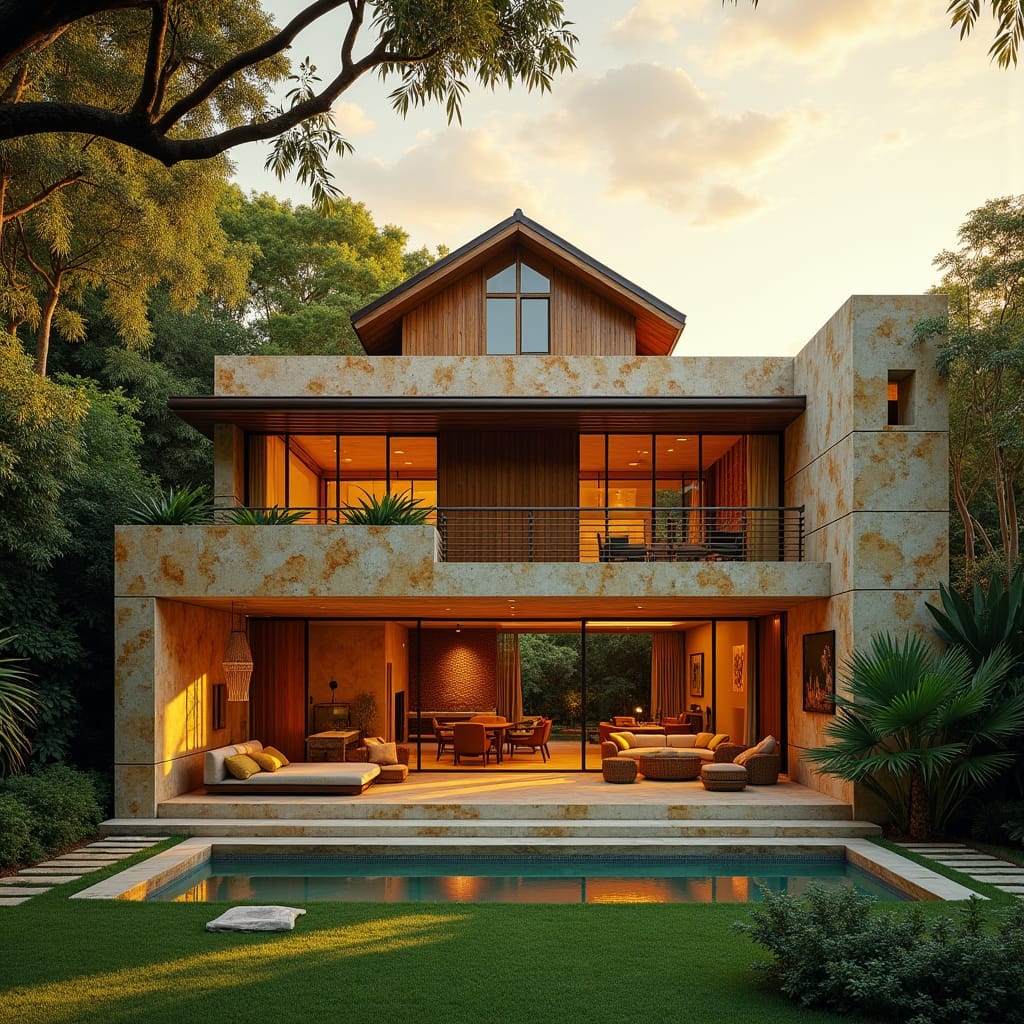 Warm sunlight casts a golden glow on a majestic modern home in Jamaica, blending African and colonial influences, with a facade that echoes traditional Ghanaian architecture. The exterior walls, adorned with vibrant Afro-Caribbean patterns, are made of natural stone and reclaimed wood, seamlessly merging with the lush Jamaican landscape. The interior, shot in cinematic film style, features open spaces and communal living areas, showcasing a thoughtful blend of traditional African design elements and colonial-era furnishings. Soft, warm light pours in through large windows, highlighting the rich textures of hand-woven textiles and African-inspired artwork. 