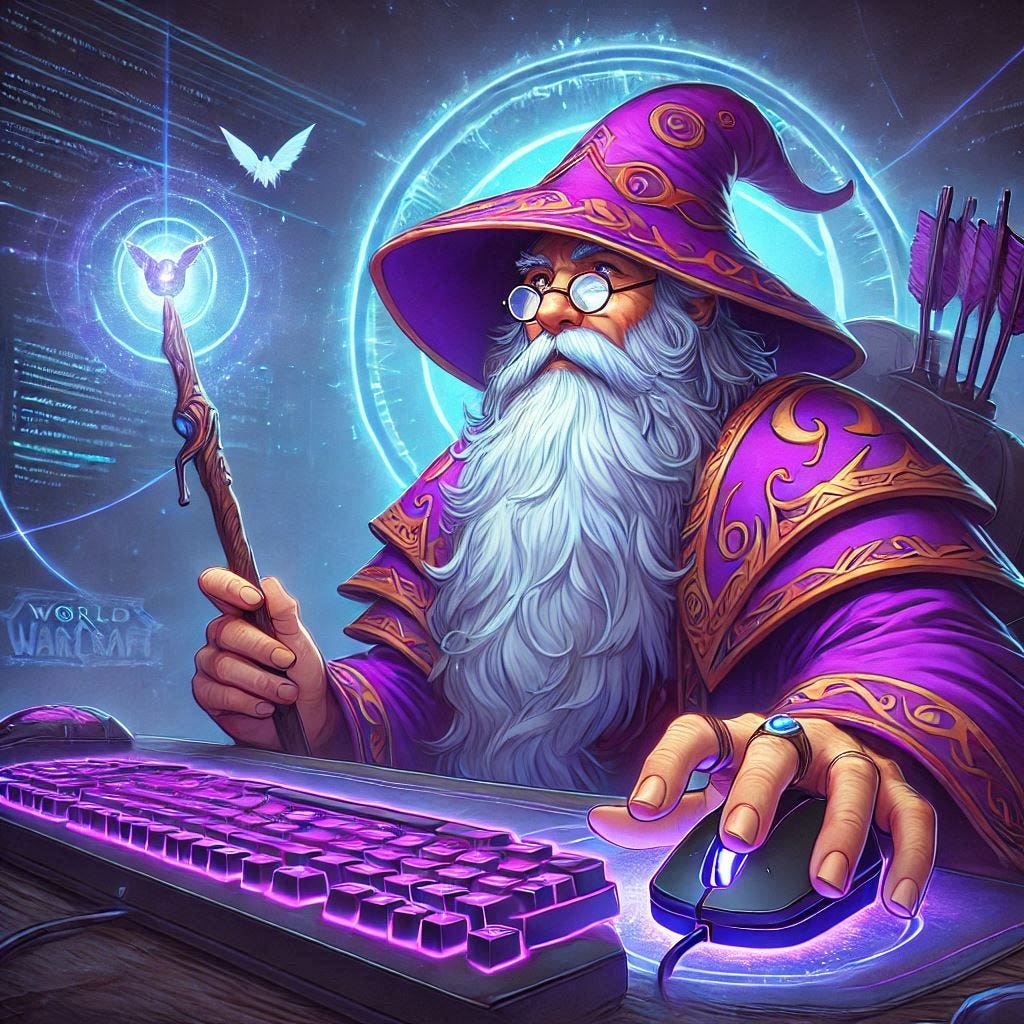 A wizard wearing purple with a white beard clicking on the mouse of his computer, world of warcraft illustration