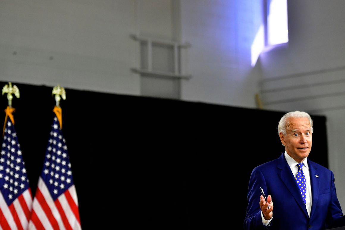 Presumptive Democratic presidential nominee former Vice President Joe Biden delivers a speech at the William Hicks Anderson Community Center, on July 28, 2020 in Wilmington, Delaware. Presumptive Democratic presidential nominee former Vice President Joe Biden delivers a speech at the William Hicks Anderson Community Center, on July 28, 2020 in Wilmington, Delaware.