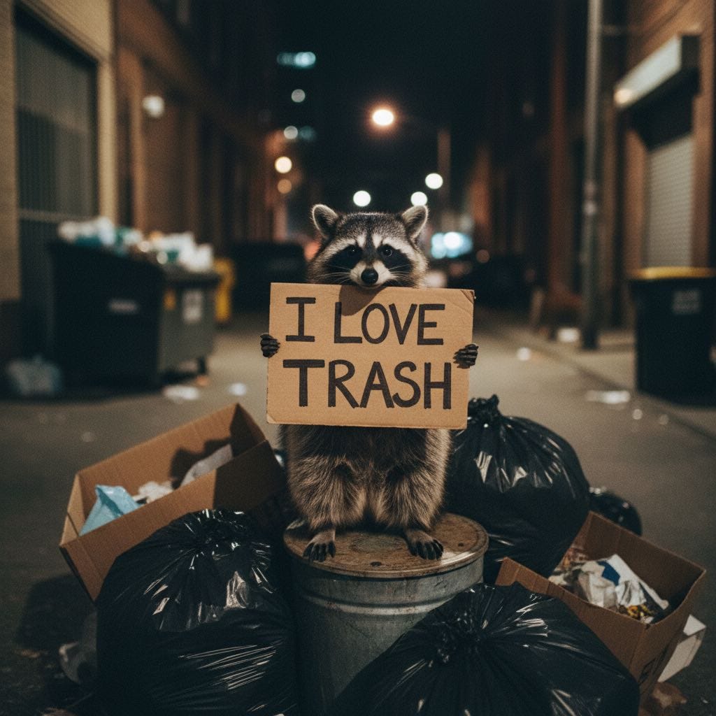 AI-generated photo:  A raccoon stands on a pile of trash in an alley at night holding a cardboard sign with I love trash written on it.