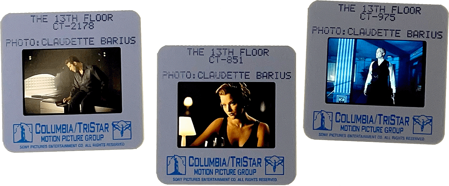 THE THIRTEENTH FLOOR slides; courtesy of Columbia/TriStar, credit to Claudette Barius. THE THIRTEENTH FLOOR slides; courtesy of Columbia/TriStar, credit to Claudette Barius.