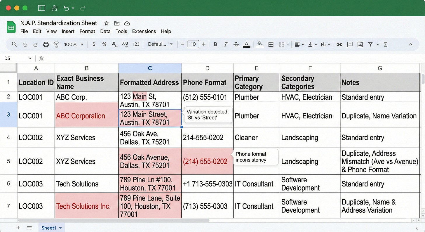 NAP standardization spreadsheet with columns for location ID, business name, address, phone, categories and conditional formatting for inconsistencies