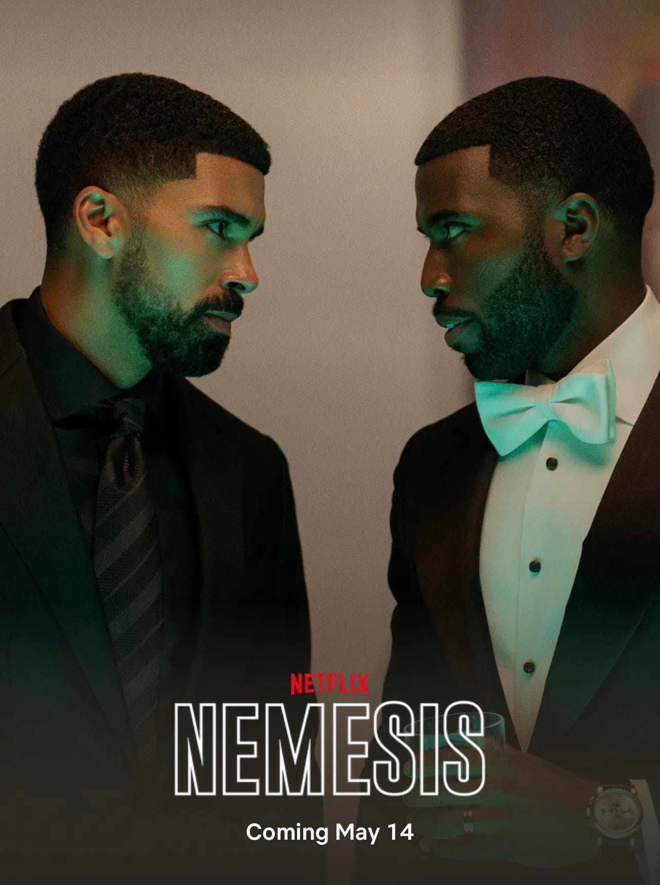 May be a graphic of one or more people, beard and text that says 'NETFLIX NEMESIS Coming May 14'