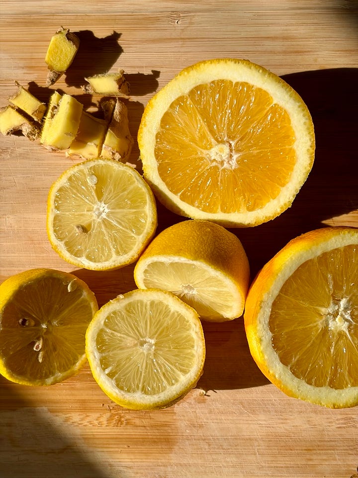 fresh lemon, orange and ginger slices; nourishing dinner bowl
