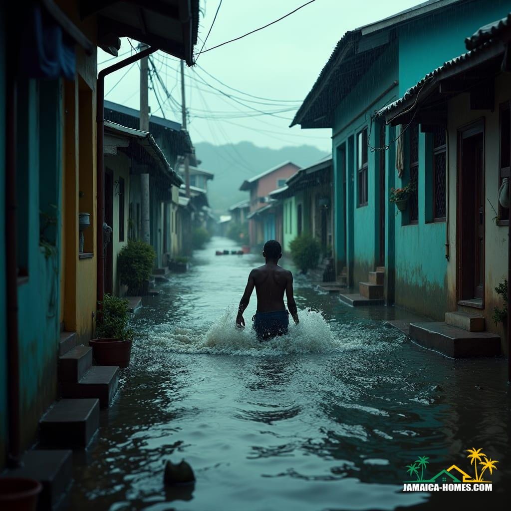 A devastating flood engulfs the quaint streets of Jamaica Town, capturing the chaos and desperation of its residents.