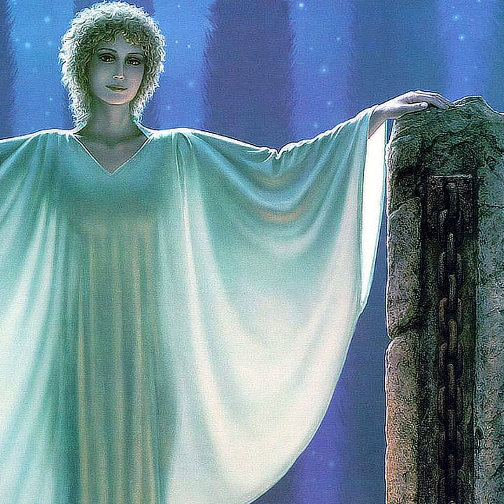 LEFT: Detail from PATH'S END cropped off center, featuring a woman with arm out at shoulder height resting her hand down on a rough stone column. A weathered chain hangs in the channel of the eroded stone. Light illuminates her white gown so her figure can be seen in silhouette. RIGHT: Close Detail from PATH’S END featuring a woman in white gown. Her golden hair is short and wavy, glowing at the edges. Illuminated in white, she looks angelic but a hint of warmth filters through her expression in the slight tilt of her head and glassiness of her brown eyes. Her stare is direct and confident. Her lips are pressed tight but ever-so-slightly upturned at the edges.