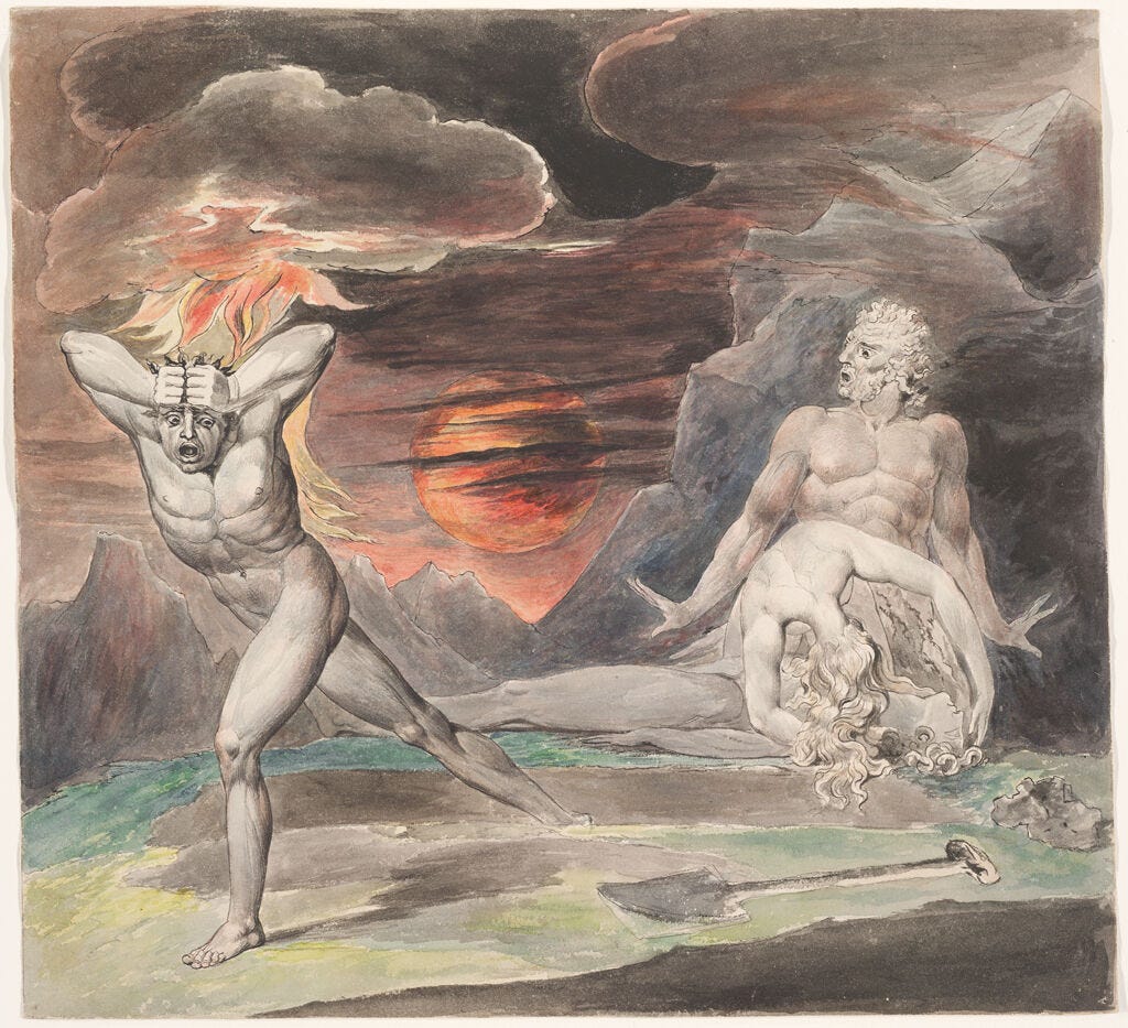 A group of nude figures in an ominous landscape