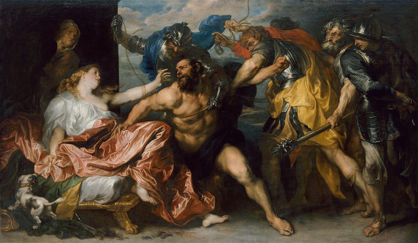 Baroque painting of Samson and Delilah by Anthony van Dyck — Samson’s head rests in Delilah’s lap as she prepares to cut his hair, the scene glowing with warm, tragic light that conveys passion, betrayal, and divine vulnerability.