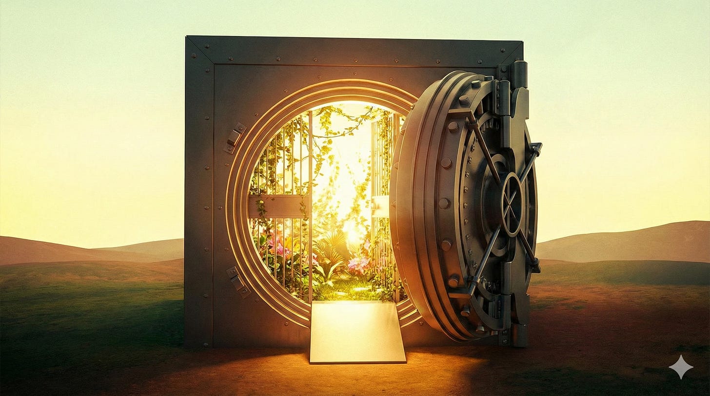 A surreal editorial illustration showing a heavy, steel bank vault door standing wide open in a barren landscape. Inside the vault, instead of stacks of money, there is a lush, vibrant garden with glowing light and vines spilling out, symbolizing the transition from hoarding wealth to cultivating impact.