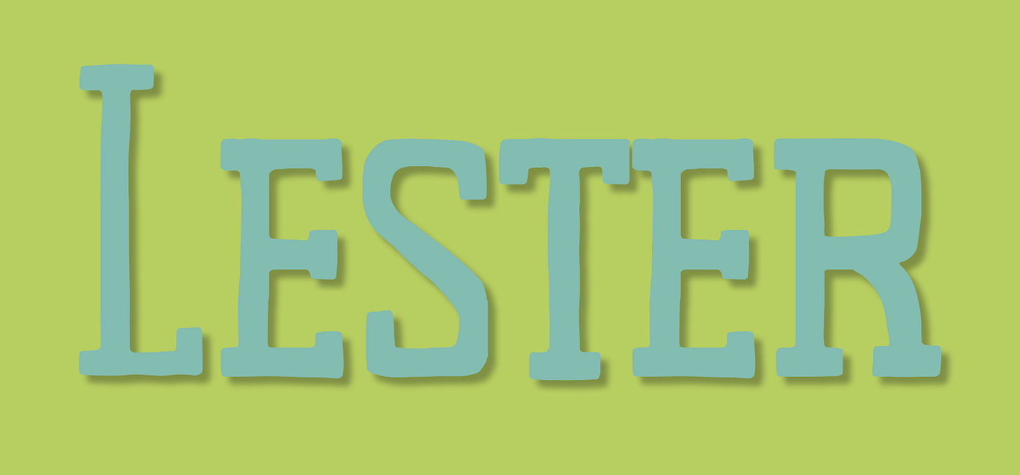 Lester, written in blue text on a green background