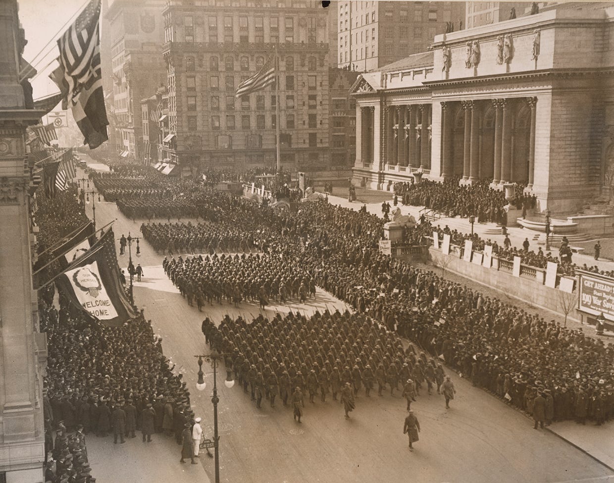 The all-Black 369th Division, or Harlem Hellfighters, return home to New York City for a victory parade after fighting valiantly in World War I, Feb. 18, 1919. Photo via National Archives, originally captured by Western Newspapers Union The all-Black 369th Division, or Harlem Hellfighters, return home to New York City for a victory parade after fighting valiantly in World War I, Feb. 18, 1919. Photo via National Archives, originally captured by Western Newspapers Union