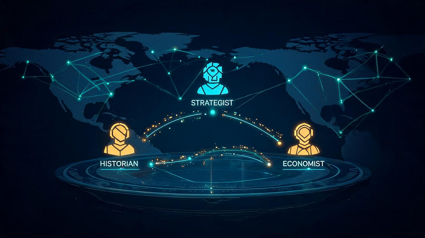 Hero image showing AI agents debating over a glowing world map for geopolitical forecasting.