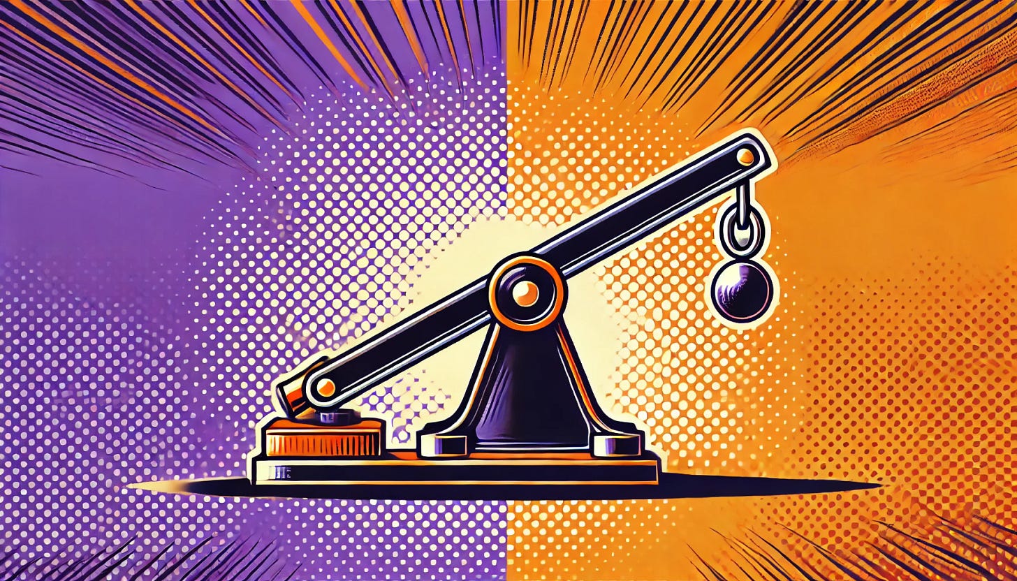 A pop art style illustration depicting the concept of business operational efficiency using a lever. The color palette is restricted to bright purple, bright orange, black, and white, with a white background. The design features a lever with a fulcrum, where one side shows minimal effort (smaller weight) and the other side represents significant results (larger output), symbolizing efficiency and leverage. The scene is clean and minimal, visually capturing the idea of achieving more with less through operational efficiency.