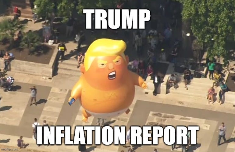 screenshot of drone video showing the 'baby Trump' balloon floating above a park with people and trees below it. Picture captioned in Impact font: 'Trump Inflation Report' screenshot of drone video showing the 'baby Trump' balloon floating above a park with people and trees below it. Picture captioned in Impact font: 'Trump Inflation Report'