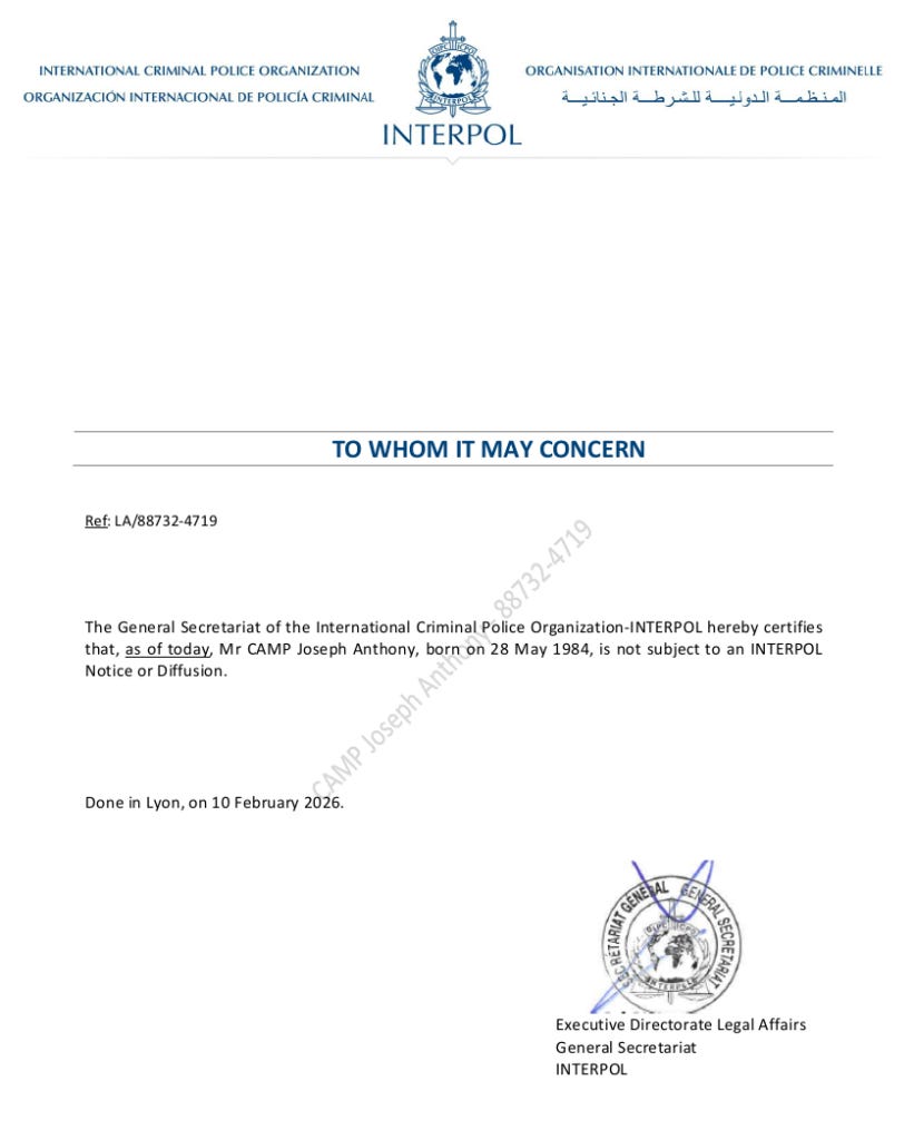 Federal Court Boogeyman Backfire: INTERPOL clears Joey Camp, shredding Danesh Noshirvan’s lawsuit narrative in Fort Myers federal court.