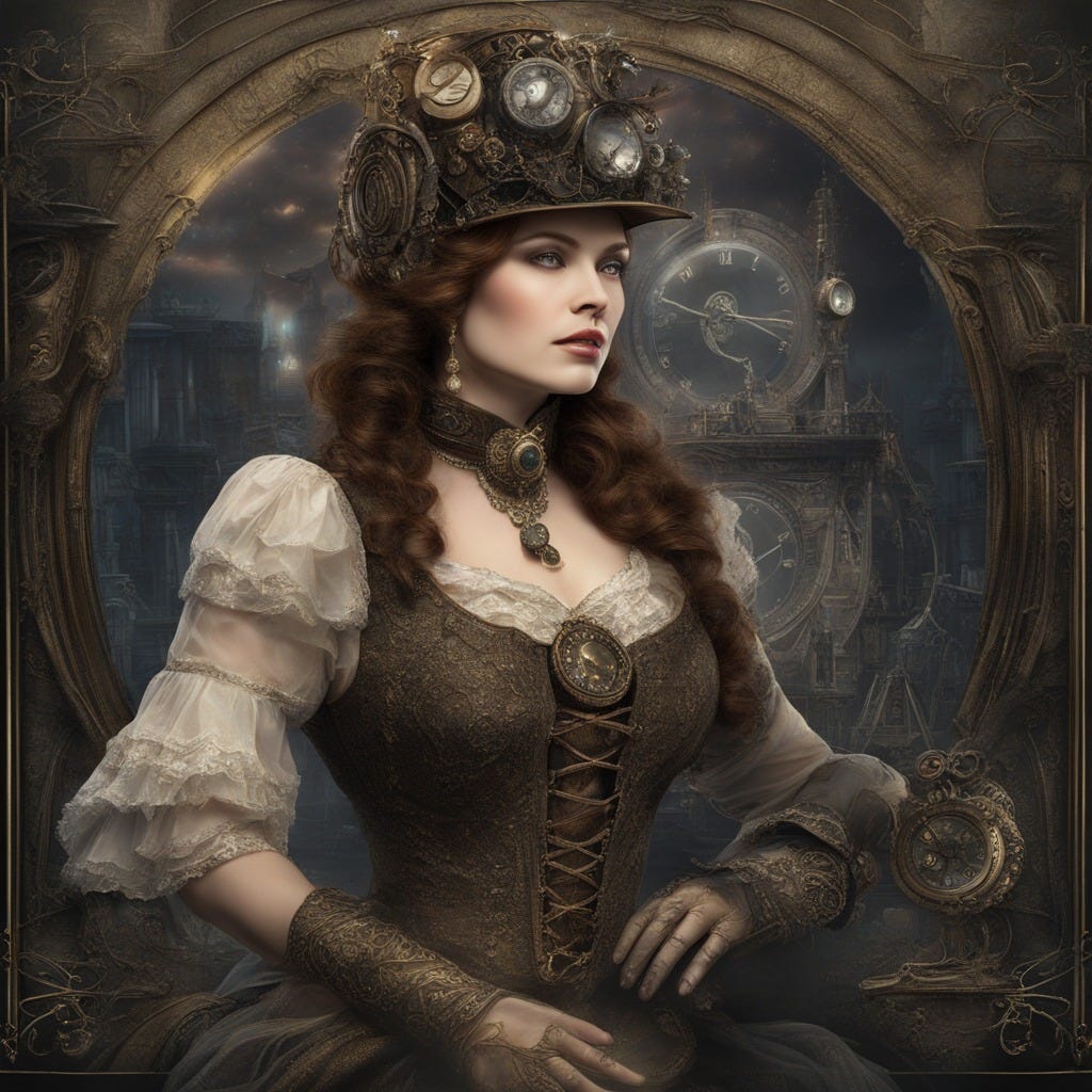 May be an image of 1 person, costume, headdress and pocketwatch