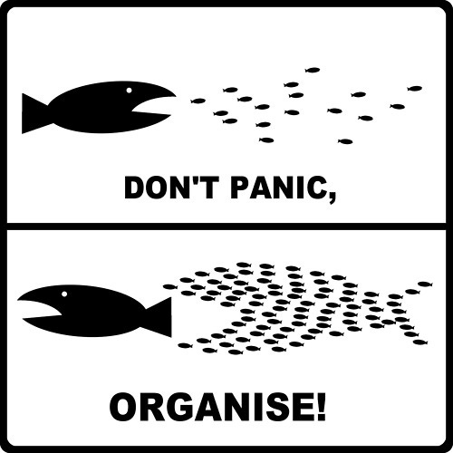 Union poster with a big fish heading mouth open toward a shoal of fish and the the shoal of fish creating the shape of an even bigger fish and chasing the big fish instead. The poster often says 'don't panic, organise'