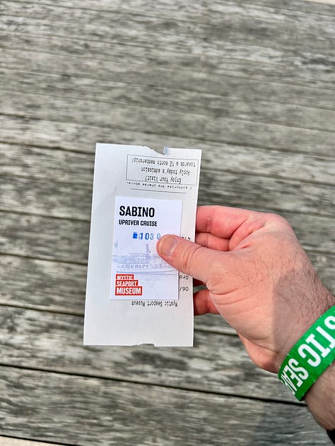 ticket, boat, cruise, water, sky, river