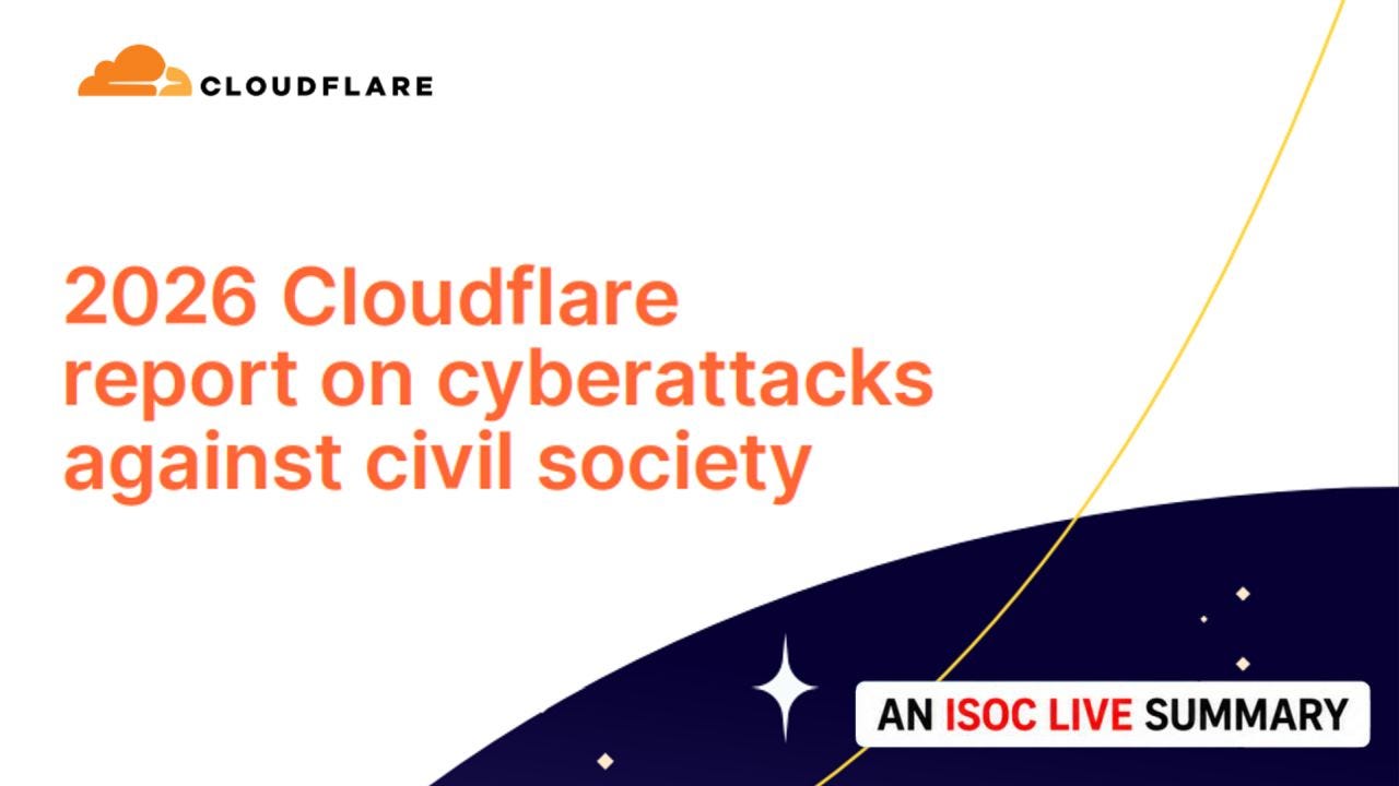Cover image for the “2026 Cloudflare report on cyberattacks against civil society.” The graphic features the Cloudflare logo at top left above large orange title text on a light gray background. A dark blue and purple curved night-sky motif fills the lower right portion of the image, with stars and a telescope illustration partially visible. A thin gold arc sweeps diagonally across the composition. In the lower right corner is a label reading “AN ISOC LIVE SUMMARY,” with “ISOC LIVE” highlighted in orange.