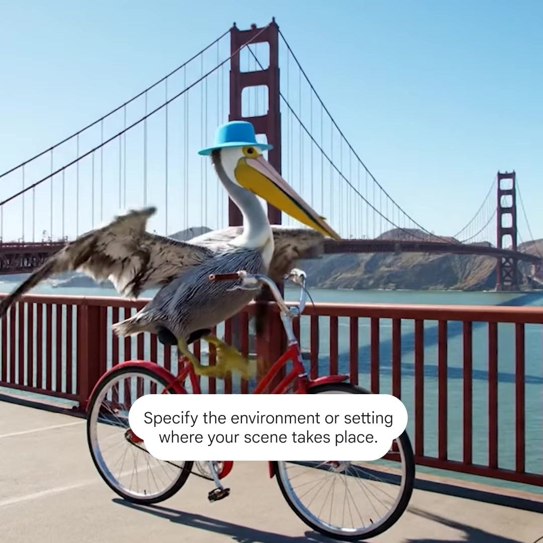 It's a pelican riding a bicycle in front of the Golden Gate Bridge, wearing a blue hat. Overlaid text says Specify the environment or setting where your scene takes place.