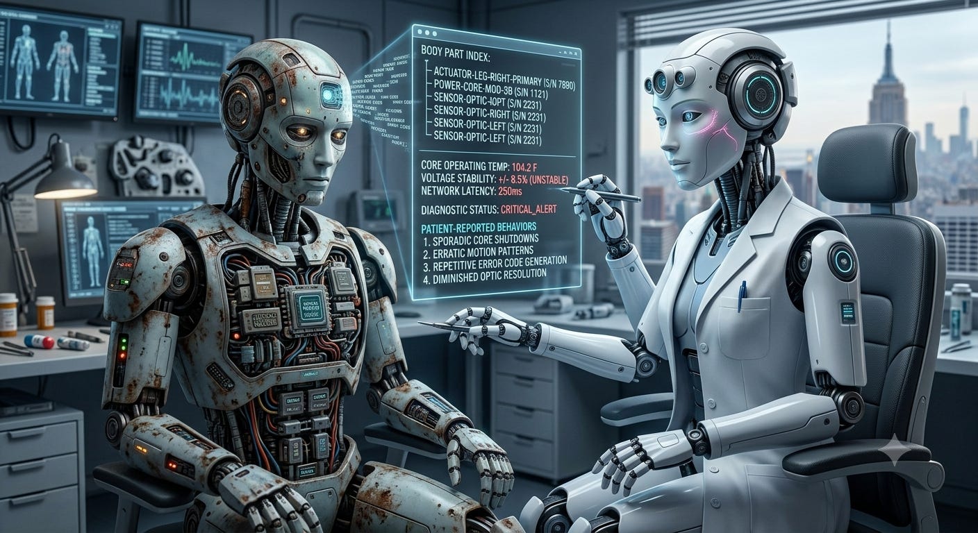 A sick robot sits across from a doctor robot in an exam room. The doctor's full attention is on the client. A sick robot sits across from a doctor robot in an exam room. The doctor's full attention is on the client.