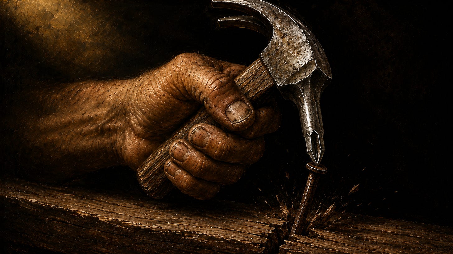 A weathered human hand grips a wooden hammer handle, painted in 17th-century Caravaggio chiaroscuro style. The tool is a surreal hybrid: a claw hammer head crowns the top, but where the hammer's striking face should be, a long flathead screwdriver tip protrudes downward, driving a nail crookedly into a wooden plank. The wood splits around the strike.