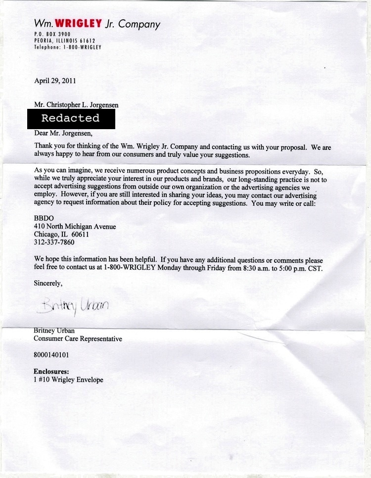 Scan of the letter from Wm. Wrigley. Transcript follows.