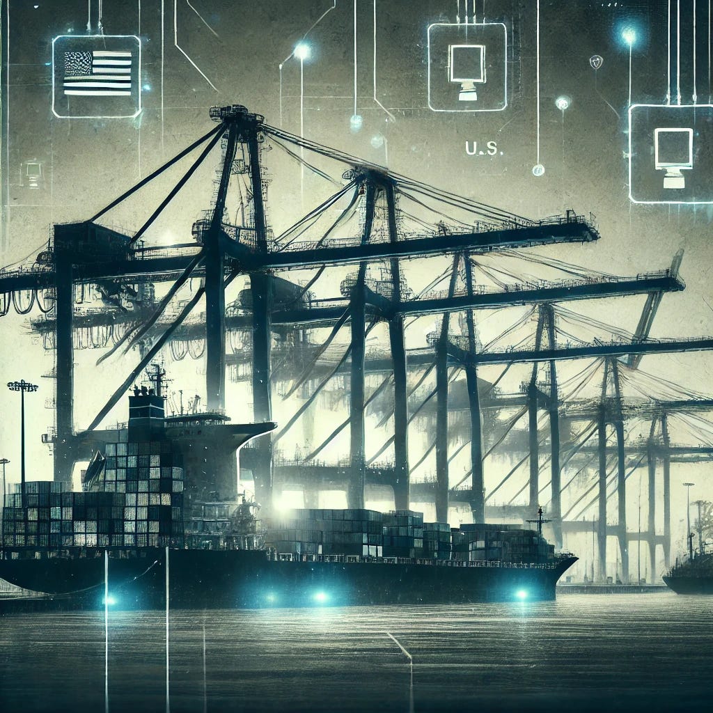 A U.S. port with large cranes in the foreground, with a subtle depiction of technology embedded within the cranes, such as faint outlines of modems or circuits. The cranes should be towering and industrial, with ships in the background, underlining the importance of port infrastructure. There should be a dark, slightly ominous tone to emphasize the security risk, with muted colors representing the seriousness of the issue. A hint of the American flag or U.S. port signage can be visible to clearly establish the location.
