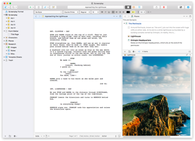Scrivener's split screen: a screenplay on the left, research notes and a photo of a lighthouse on the right Scrivener's split screen: a screenplay on the left, research notes and a photo of a lighthouse on the right
