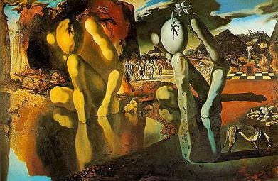 Dali's Metamorphosis of Narcissus, a kneeling figure echoed by a stone hand holding an egg Dali's Metamorphosis of Narcissus, a kneeling figure echoed by a stone hand holding an egg