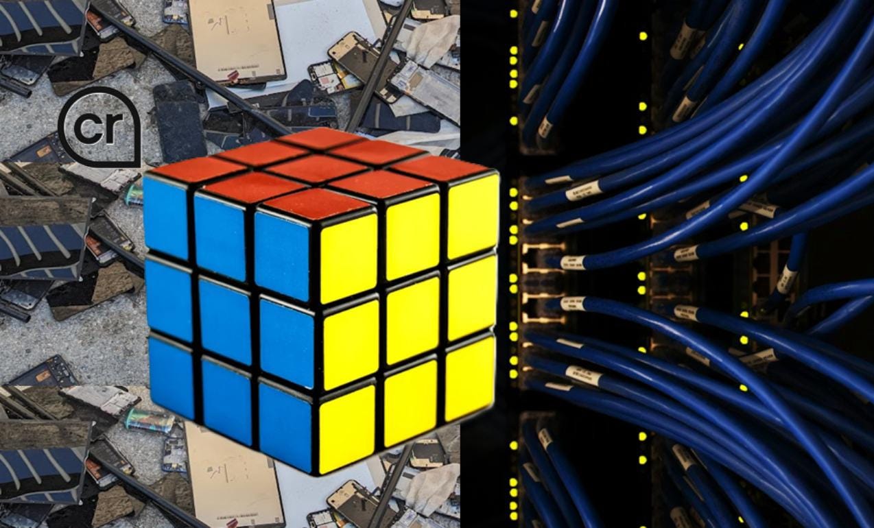 Split-screen image depicting contrast. On the left, a Rubik’s cube displays blue, red, and yellow sides, with a LinkedIn 'cr' AI-generation icon nearby. The background is divided between discarded electronic waste on a street and data centre cables, some connecting to the cube. On the right, the entire scene is repeated with inverted colors.