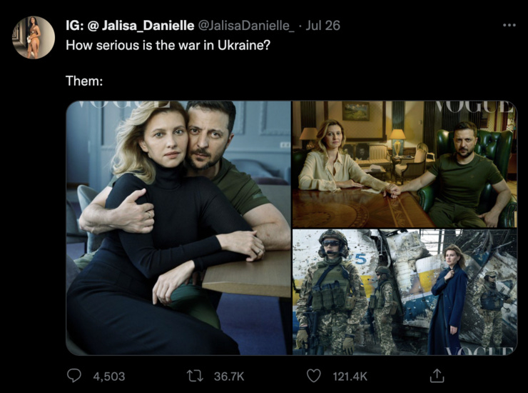 (Implication: Zelensky is busy doing Vogue photoshoots whilst Ukraine crumbles).